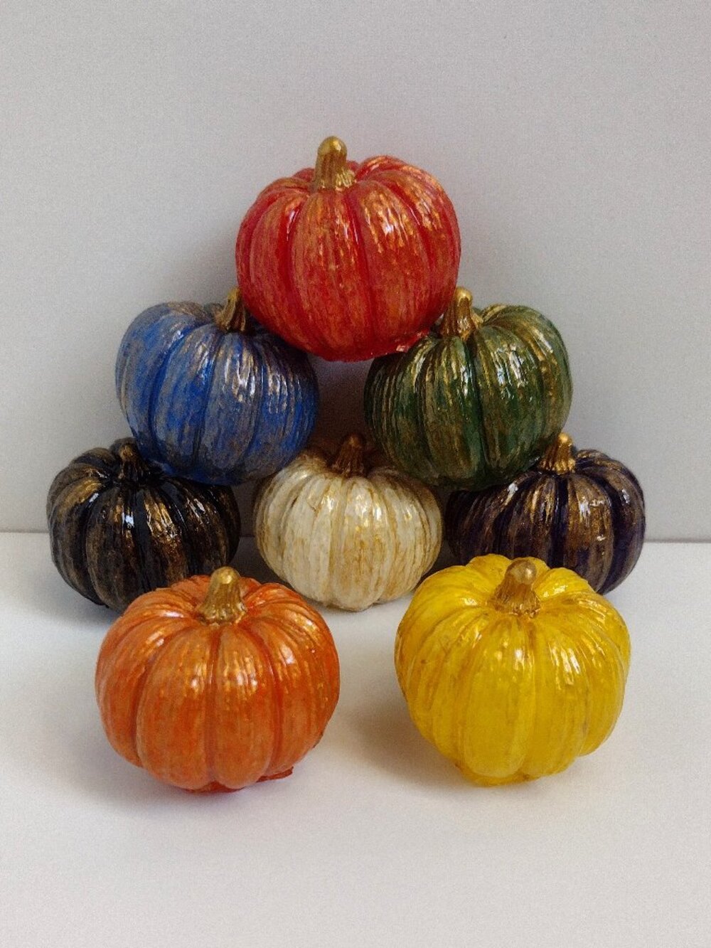 8 Hand-crafted Jeweltone Pumpkins w Metallic Gold Accents Autumn Fall Home Decor